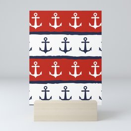 Navy Blue White Maroon Red Nautical Anchor Stripes Mini Art Print
