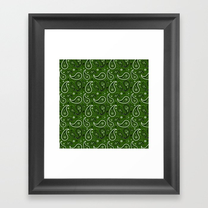 Black and White Paisley Pattern on Green Background Framed Art Print