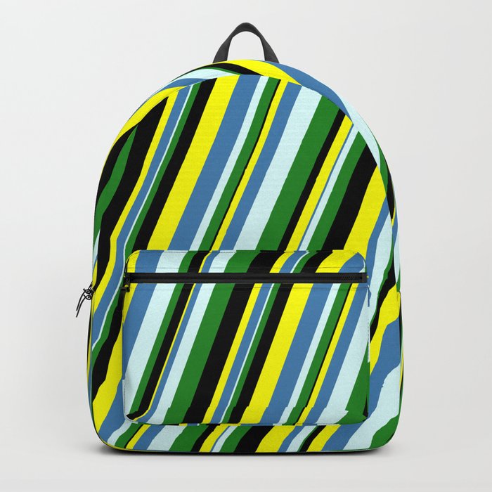 Yellow, Blue, Light Cyan, Forest Green, and Black Colored Stripes Pattern Backpack