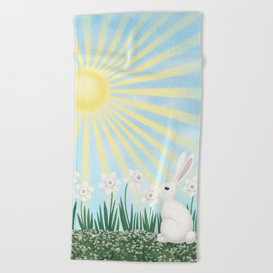 sunshine bunny with daffodils Beach Towel