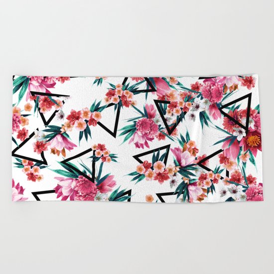 Flowers And Geometric Pattern Beach Towel