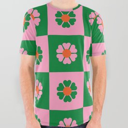 Flower Power Tile Pattern in Green, Pink & Orange All Over Graphic Tee