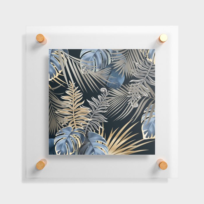 Blue, Gold and Gray Palm Leaves Floating Acrylic Print