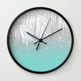 Modern tropical white palm tree silver glitter ombre on robbin egg blue turquoise Wall Clock