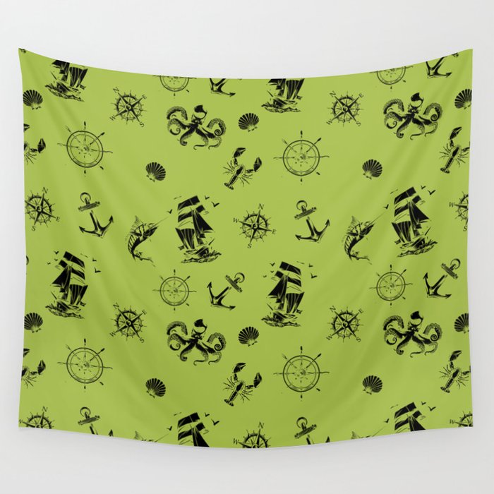 Light Green And Black Silhouettes Of Vintage Nautical Pattern Wall Tapestry