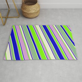 [ Thumbnail: Vibrant Blue, Beige, Green, Dark Sea Green, and Plum Colored Pattern of Stripes Rug ]