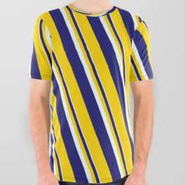 [ Thumbnail: Mint Cream, Midnight Blue & Yellow Colored Lines/Stripes Pattern All Over Graphic Tee ]