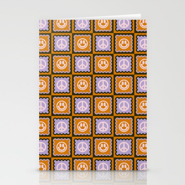 Funky Checkered Smileys and Peace Symbol Pattern (Dark Brown, Ginger Brown, Lilac, Muted Pink) Stationery Cards
