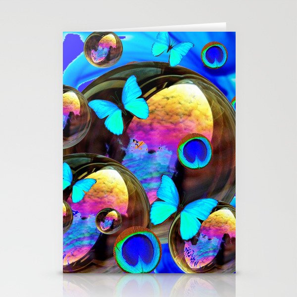SURREAL NEON BLUE BUTTERFLIES IRIDESCENT SOAP BUBBLES PEACOCK EYES Stationery Cards