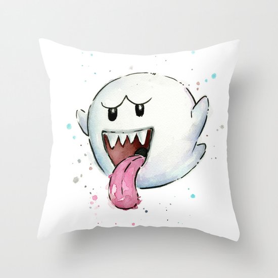 Boo Ghost Mario Watercolor Videogame Geek Painting Throw Pillow