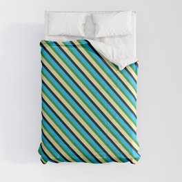 [ Thumbnail: Deep Sky Blue, Forest Green, Pale Goldenrod & Black Colored Lines/Stripes Pattern Comforter ]