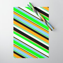 [ Thumbnail: Orange, Light Sky Blue, Lime, Mint Cream & Black Colored Pattern of Stripes Wrapping Paper ]
