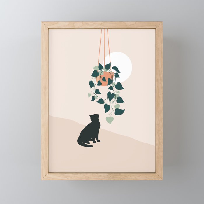 Cat with Plant Framed Mini Art Print