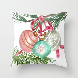 Vintage Shiny and Bright Ornaments and Pine Boughs Throw Pillow