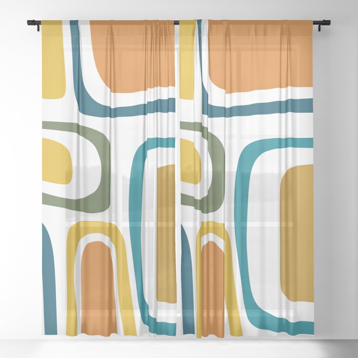 Palm Springs Midcentury Modern Abstract in Moroccan Teal, Orange, Mustard, Olive, and White Sheer Curtain