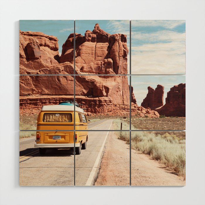 Red SouthWest Desert Roadtrip in Yellow V W Camper Van - USA Wood Wall Art