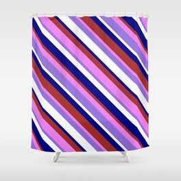 [ Thumbnail: Colorful Blue, Brown, Violet, Purple & White Colored Striped Pattern Shower Curtain ]