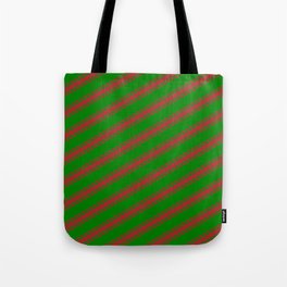 [ Thumbnail: Green and Brown Colored Stripes Pattern Tote Bag ]