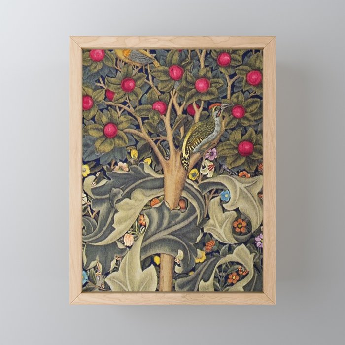 William Morris Woodpecker, Fruit Tree & Poppy Flower Garden Tapestry Textile Floral Print Framed Mini Art Print
