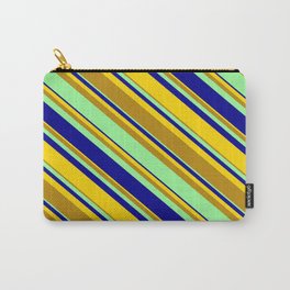 [ Thumbnail: Yellow, Dark Goldenrod, Green & Dark Blue Colored Lined/Striped Pattern Carry-All Pouch ]