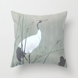 Crane Standing in the Swamp Water - Vintage Japanese Woodblock Print Art Throw Pillow