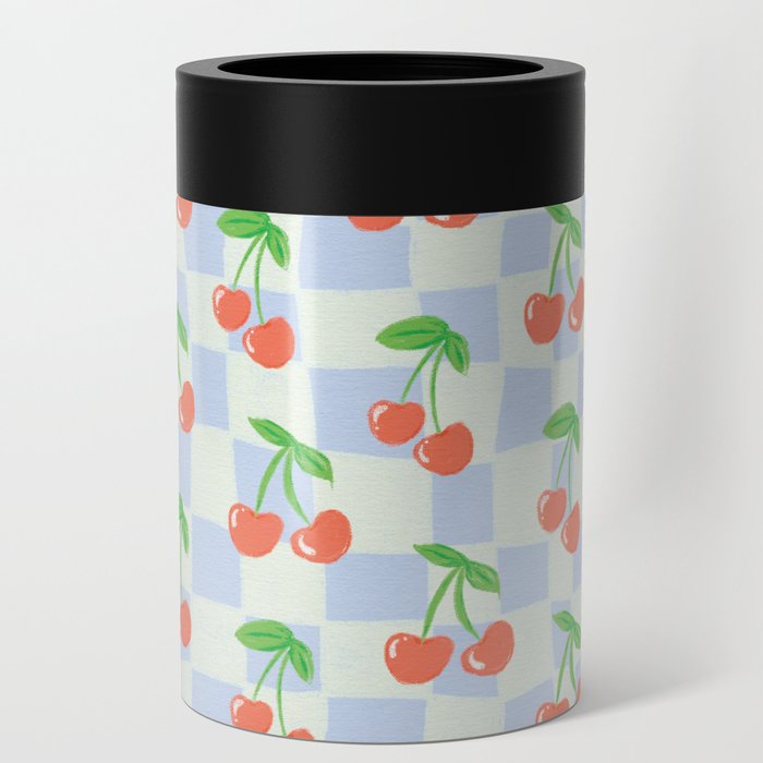 Hand-drawn Cherries on Hand-drawn Checkerboard \\ Canvas Texture \\ Can Cooler