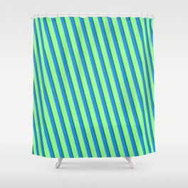 [ Thumbnail: Green, Forest Green & Blue Colored Lined Pattern Shower Curtain ]