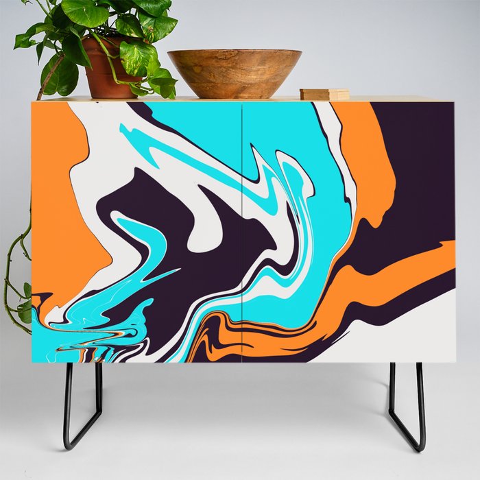 Liquid Art Abstract Orange Aqua White Black Credenza