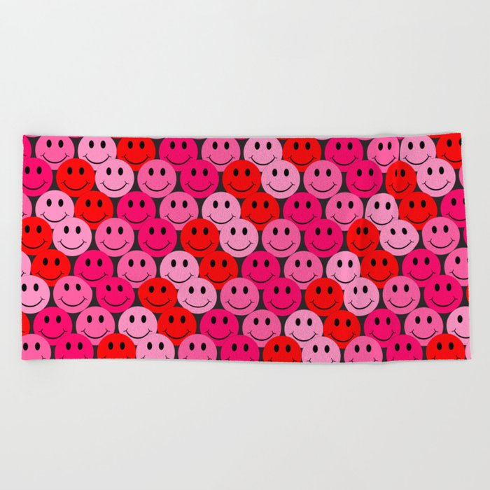 Preppy Room Decor - Pink Red Smiley Face Repeat Pattern Design Beach Towel