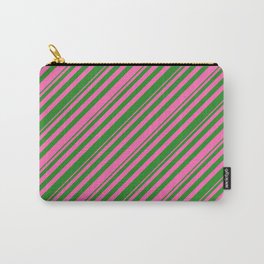[ Thumbnail: Hot Pink and Forest Green Colored Stripes Pattern Carry-All Pouch ]