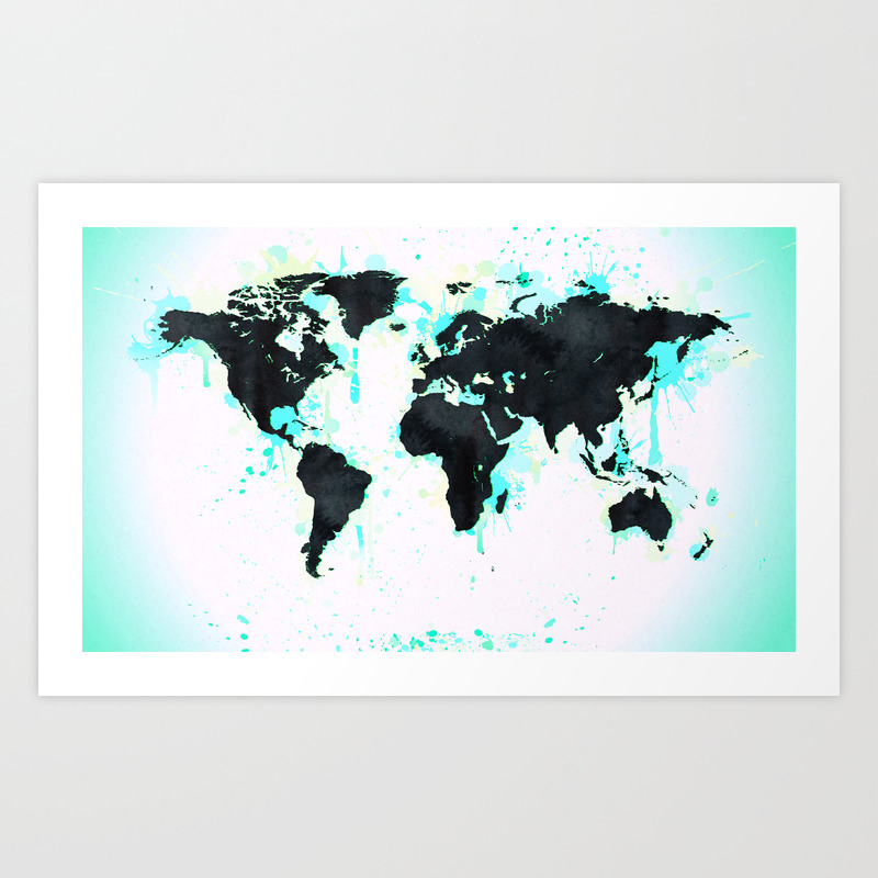 World Map Turquoise Paint And Black Ink Art Print By Naturemagick