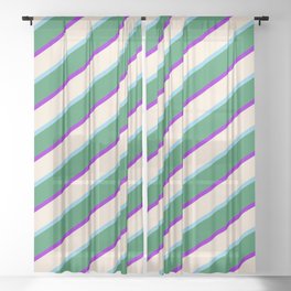 [ Thumbnail: Sea Green, Dark Violet, Beige, and Sky Blue Colored Striped Pattern Sheer Curtain ]