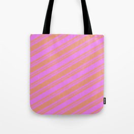 [ Thumbnail: Violet and Dark Salmon Colored Striped/Lined Pattern Tote Bag ]