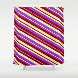 [ Thumbnail: Dark Orchid, Dark Red, and Pale Goldenrod Colored Striped/Lined Pattern Shower Curtain ]