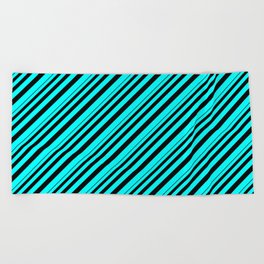 [ Thumbnail: Black and Cyan Colored Stripes Pattern Beach Towel ]