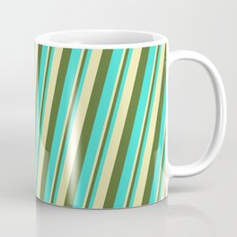 [ Thumbnail: Pale Goldenrod, Dark Olive Green & Turquoise Colored Lines Pattern Coffee Mug ]
