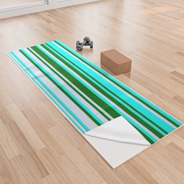 [ Thumbnail: Cyan, Dark Green & Lavender Colored Lined/Striped Pattern Yoga Towel ]