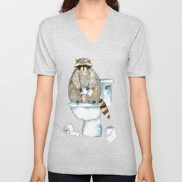 Raccoon toilet Painting Wall Poster Watercolor V Neck T Shirt