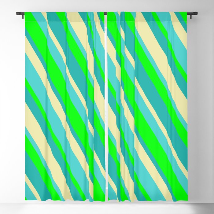 Lime, Light Sea Green, Pale Goldenrod & Turquoise Colored Stripes/Lines Pattern Blackout Curtain