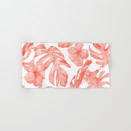 Tropical Hibiscus and Palm Leaves Dark Coral White Hand & Bath Towel