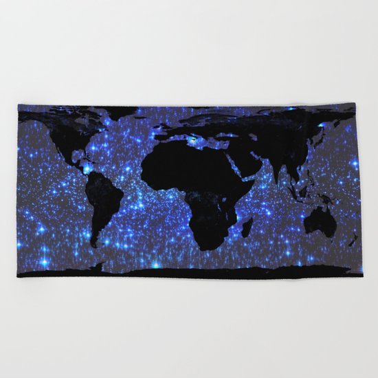 World Map : Blue Galaxy Stars Beach Towel