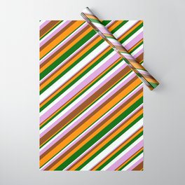 [ Thumbnail: Eyecatching Plum, Brown, Dark Orange, Dark Green & Mint Cream Colored Lined/Striped Pattern Wrapping Paper ]