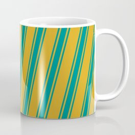 [ Thumbnail: Goldenrod & Dark Cyan Colored Lines Pattern Coffee Mug ]