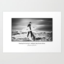Heading for the surf Art Print | Sport, Photo, Ocean, Sea, Action, Rocks, Black and White, Digital, Surfboard, Surfer 