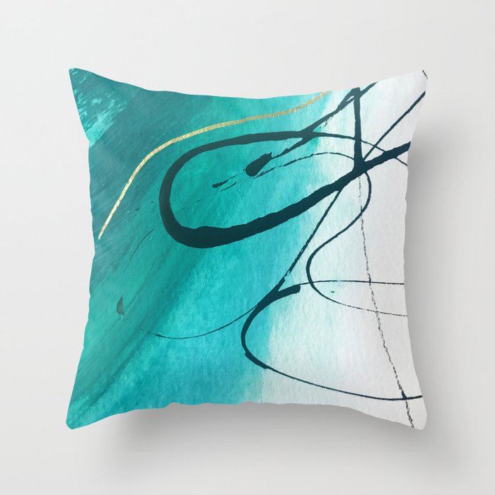 Moving On [2]: an abstract mixed media piece in blue, greens, black and white by Alyssa Hamilton Art Throw Pillow