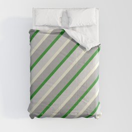 [ Thumbnail: Forest Green, Light Gray, Beige, and Dark Gray Colored Lined/Striped Pattern Comforter ]