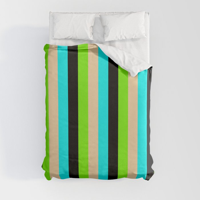 Aqua, Tan, Green, and Black Colored Stripes Pattern Duvet Cover