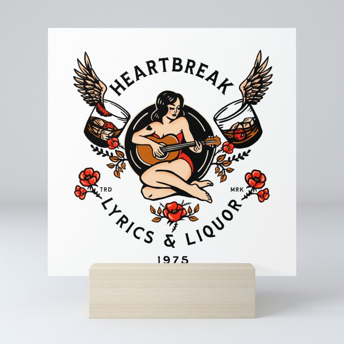 Heartbreak Lyrics & Liquor 1975. Cute Pinup Girl Playing Guitar: Full Color Version. Mini Art Print