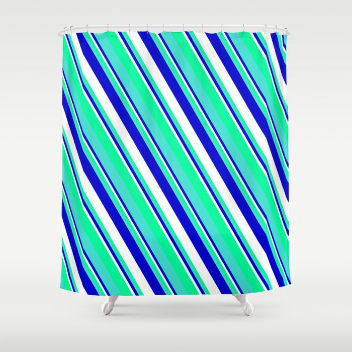 Blue, White, Green, and Turquoise Colored Striped/Lined Pattern Shower Curtain