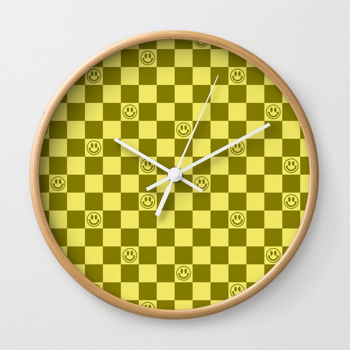 Yellow/Olive Color Smiley Face Checkerboard Wall Clock